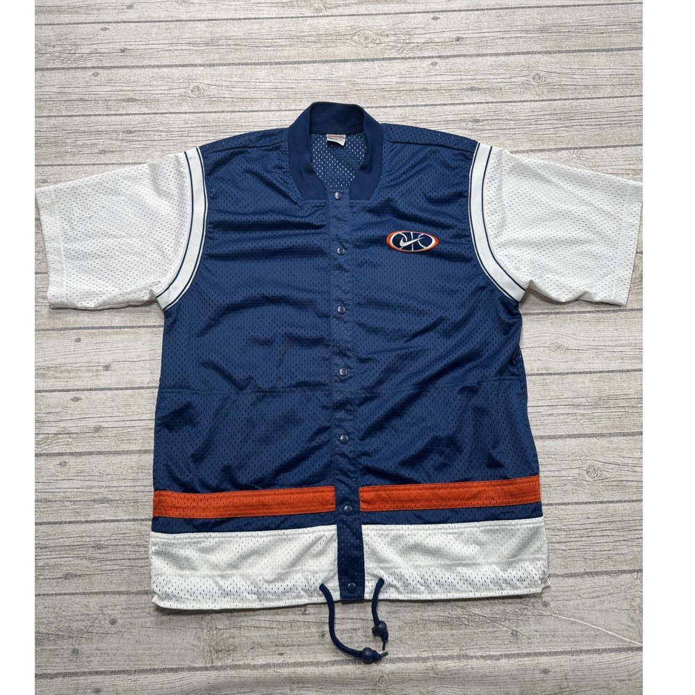 Vintage 90s Nike Basketball Shirt Men's Large Blue White Mesh Snap Front Warm Up
